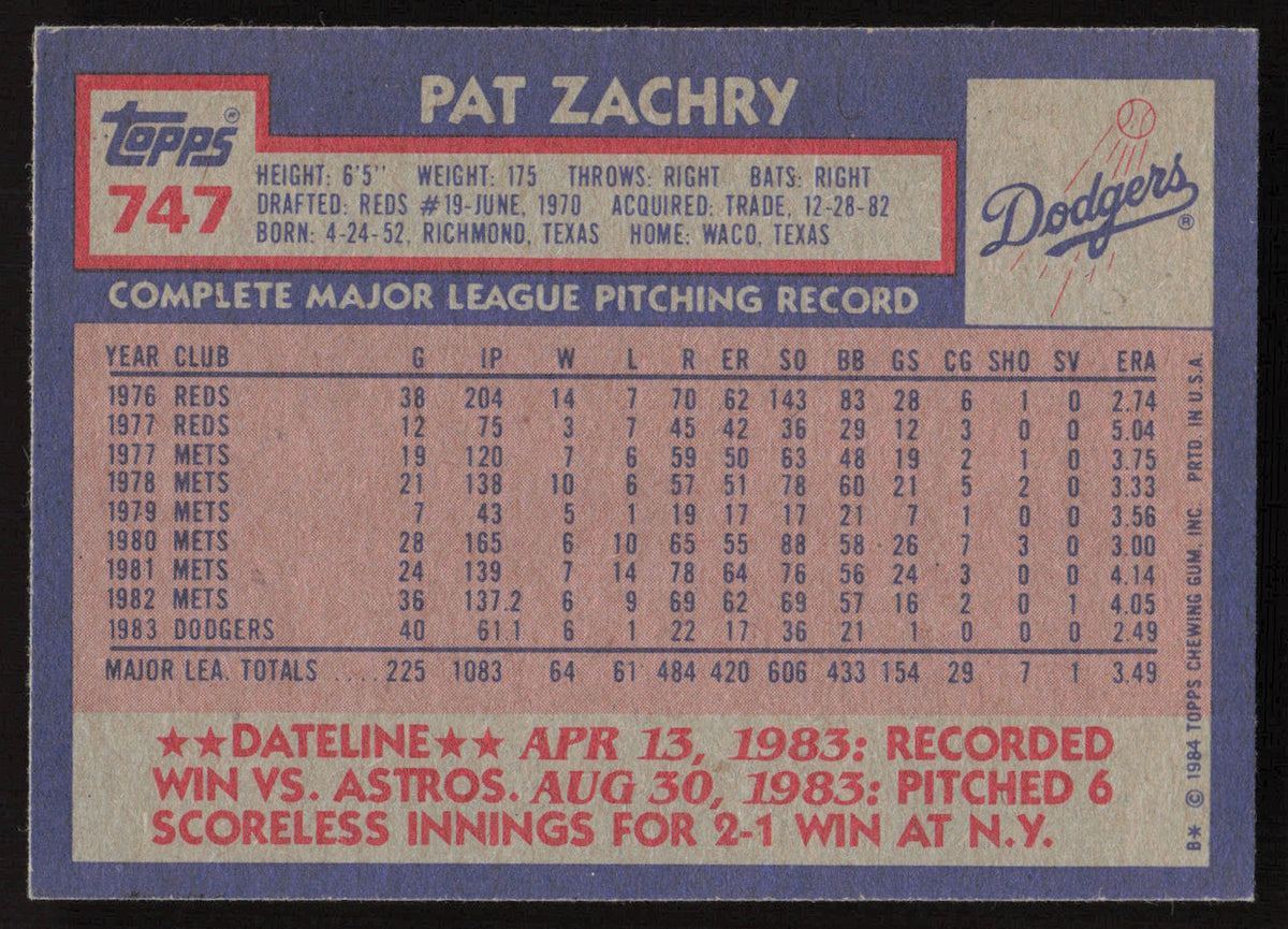 Pat Zachry Autographed 1984 Topps Card #747 Los Angeles Dodgers SKU #264076