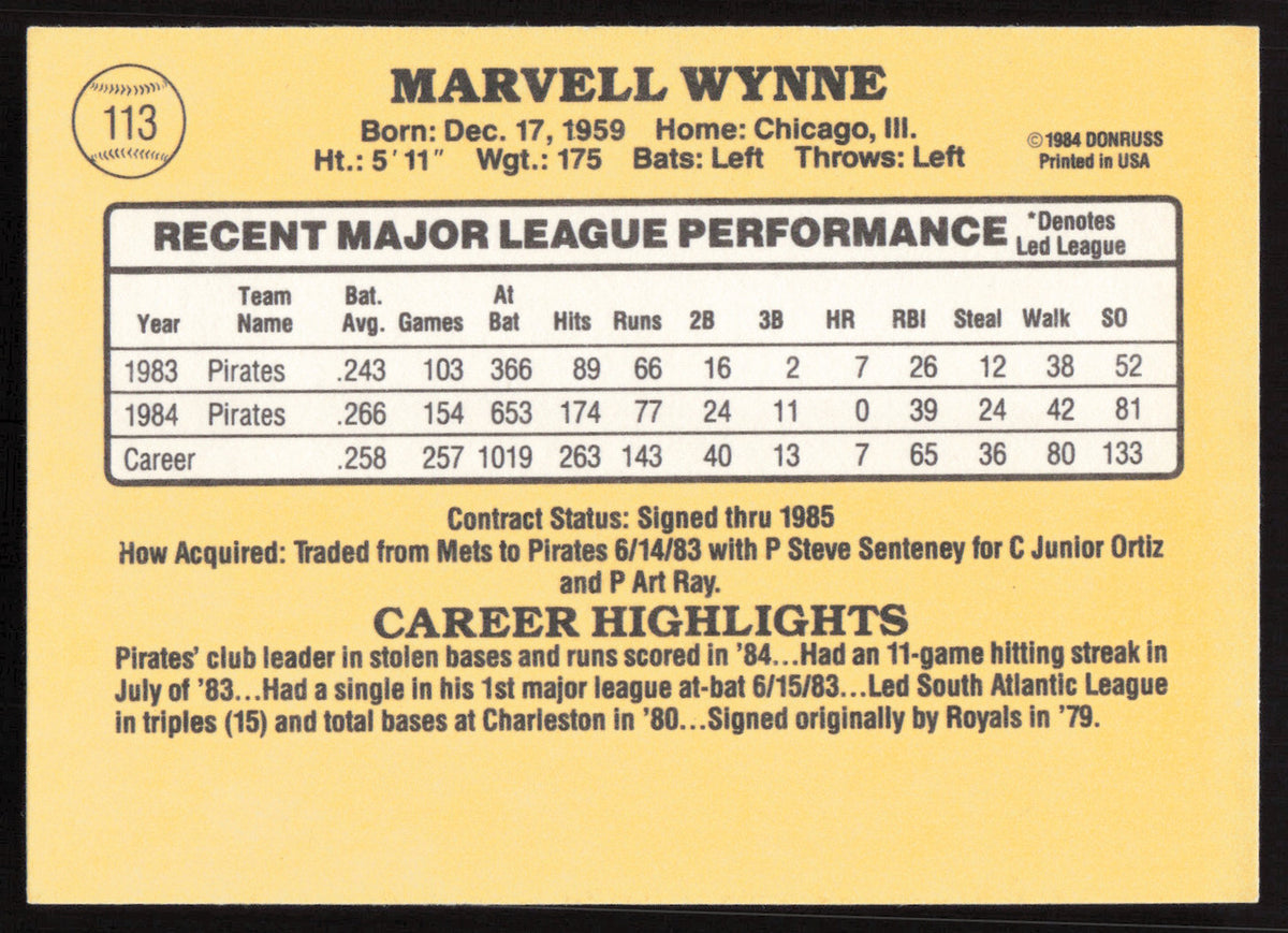 Marvell Wynne Autographed 1985 Donruss Card #113 Pittsburgh Pirates SKU #264083