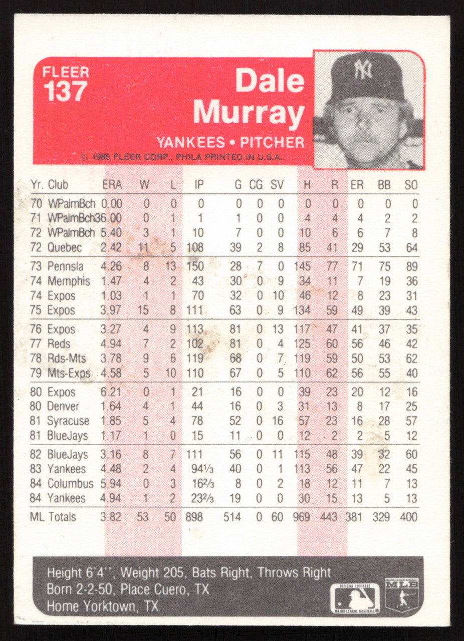 Dale Murray Autographed 1985 Fleer Card #137 New York Yankees SKU #264093