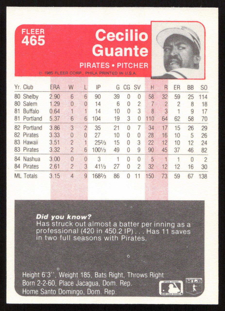Cecilio Guante Autographed 1985 Fleer Card #465 Pittsburgh Pirates SKU #264108