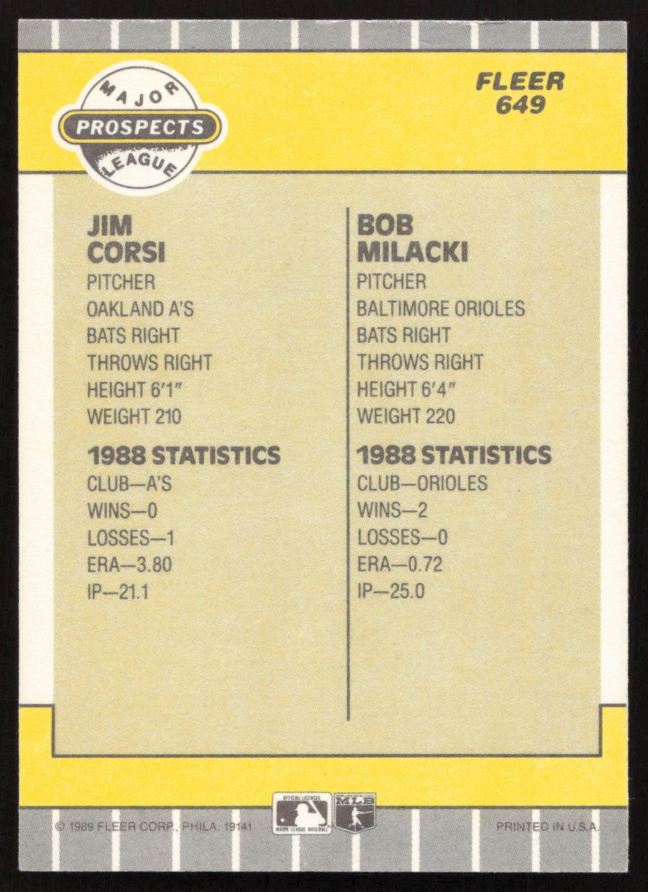 Jim Corsi & Bob Milacki Autographed 1985 Fleer Rookie Card #649 SKU #264109