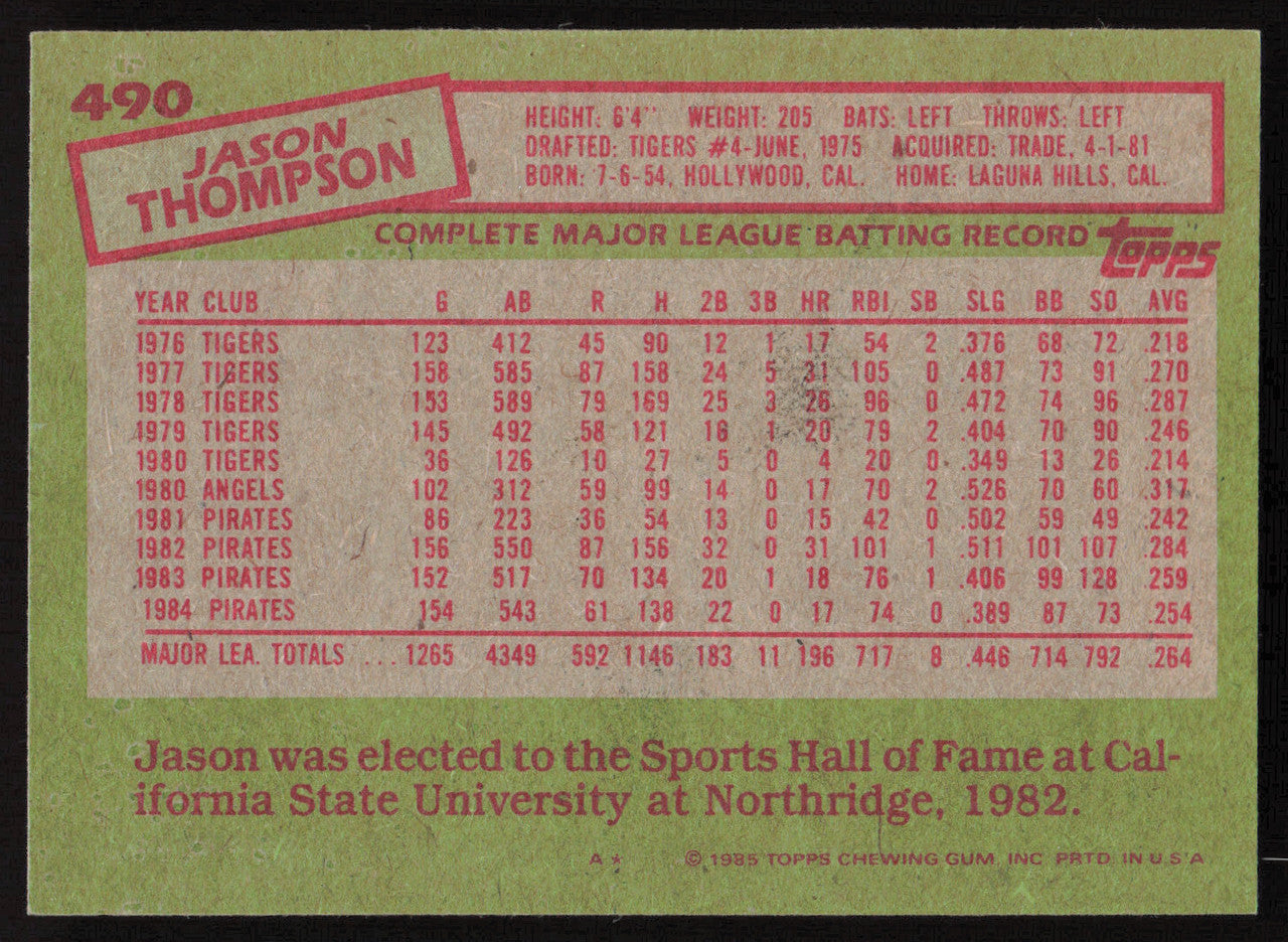 Jason Thompson Autographed 1985 Topps Card #490 Pittsburgh Pirates SKU #264114