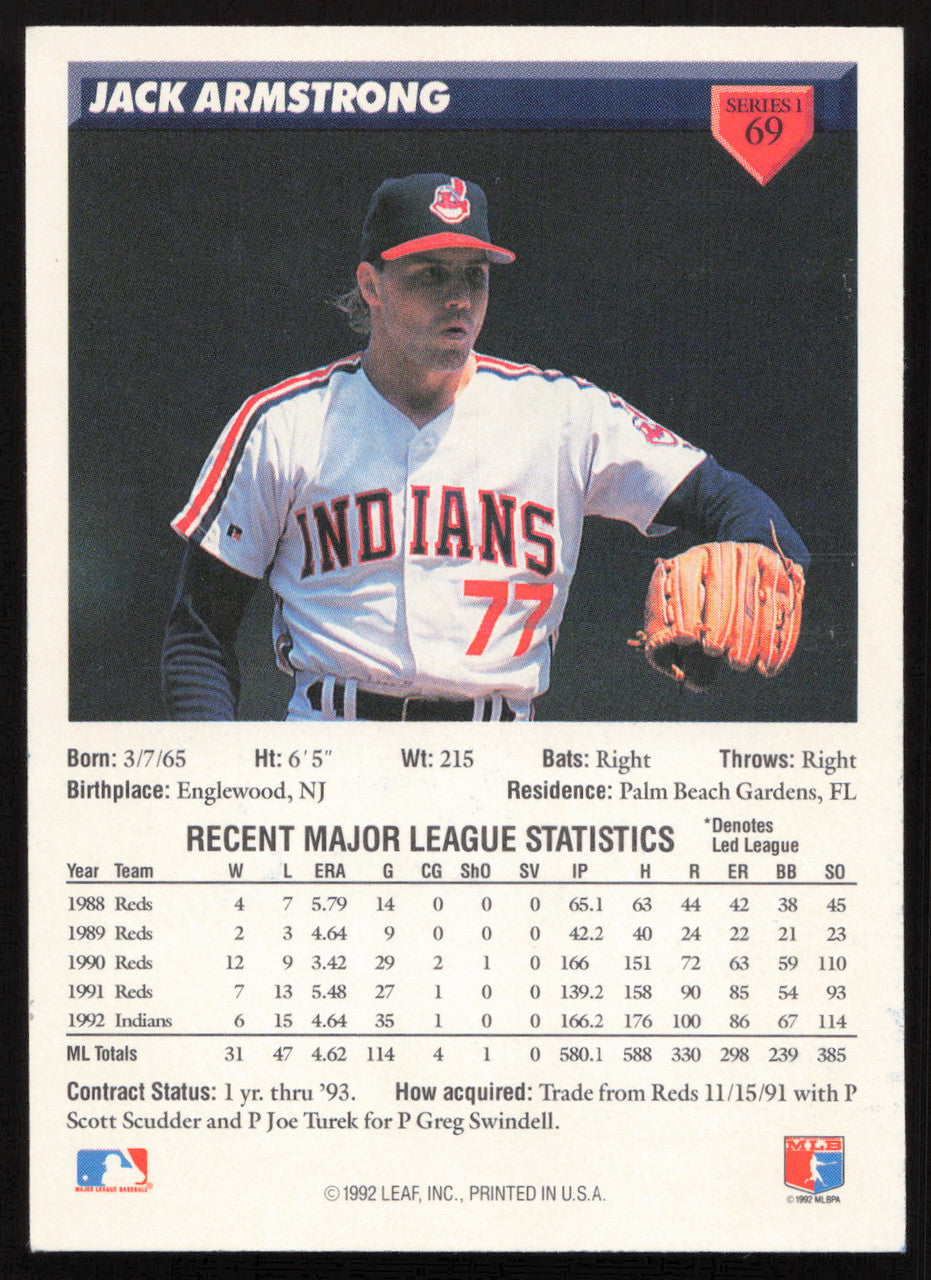 Jack Armstrong Autographed 1993 Donruss Card #69 Cleveland Indians SKU #264175