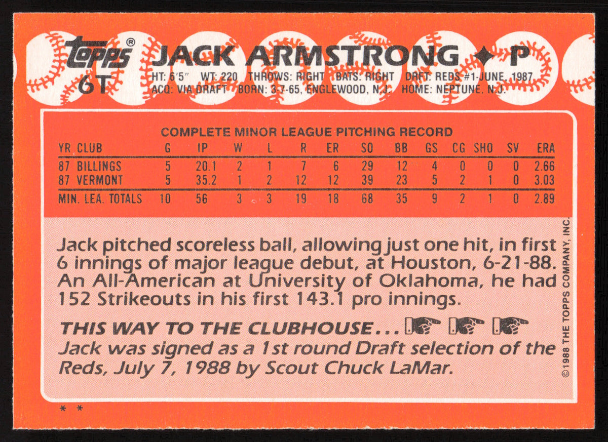 Jack Armstrong Autographed 1988 Topps Traded Rookie Card #6T Cincinnati Reds SKU #264176