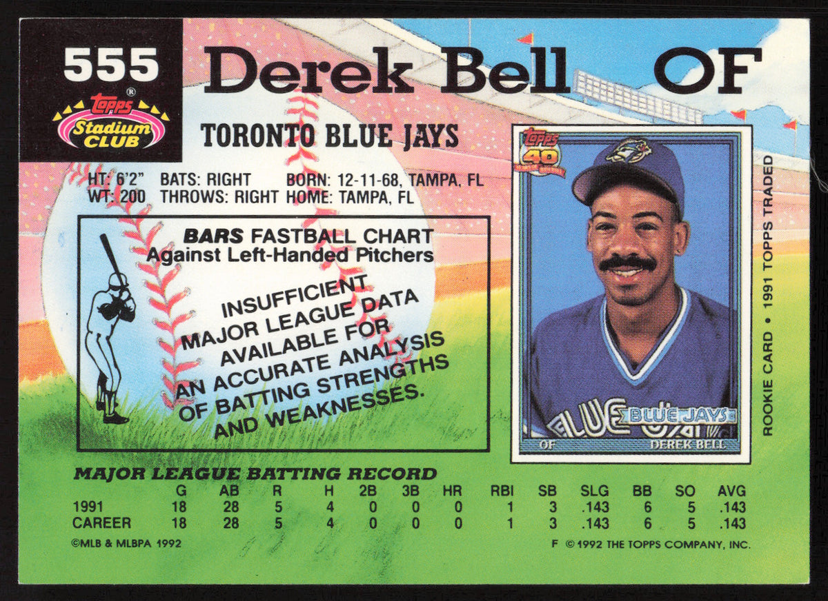Derek Bell Autographed 1992 Stadium Club Card #555 Toronto Blue Jays SKU #264178