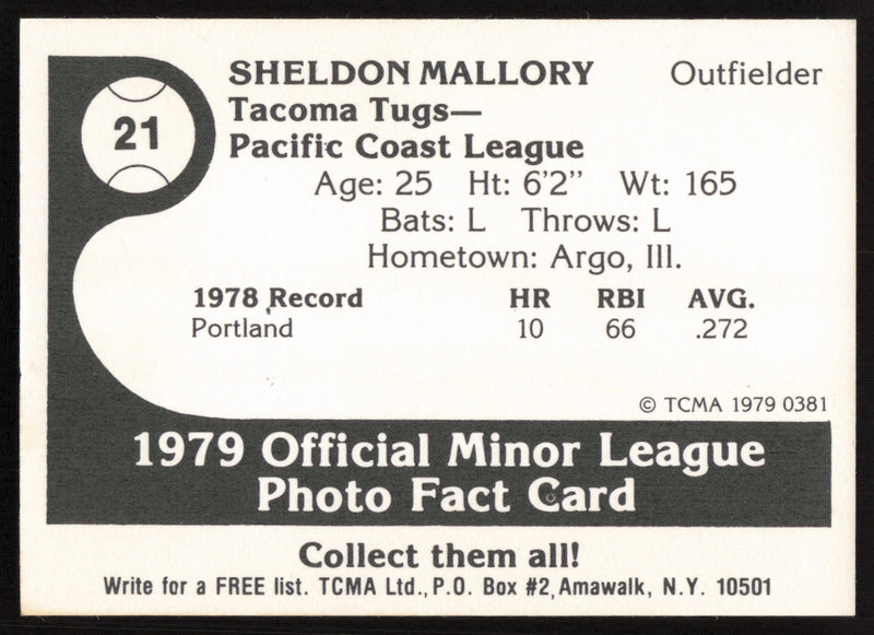 Sheldon Mallory Autographed 1979 TCMA Rookie Card #21 Tacoma Tugs SKU #264180