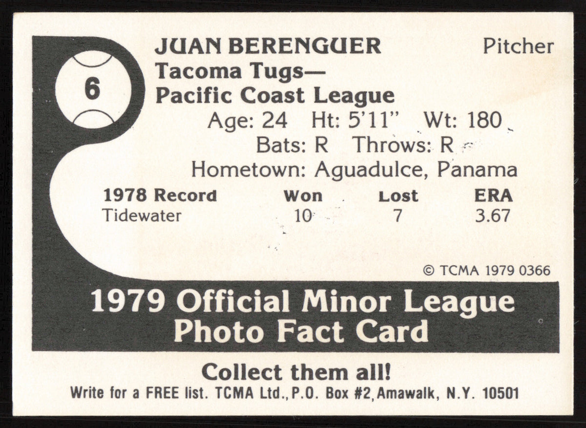 Juan Berenguer Autographed 1979 TCMA Rookie Card #6 Tacoma Tugs SKU #264184