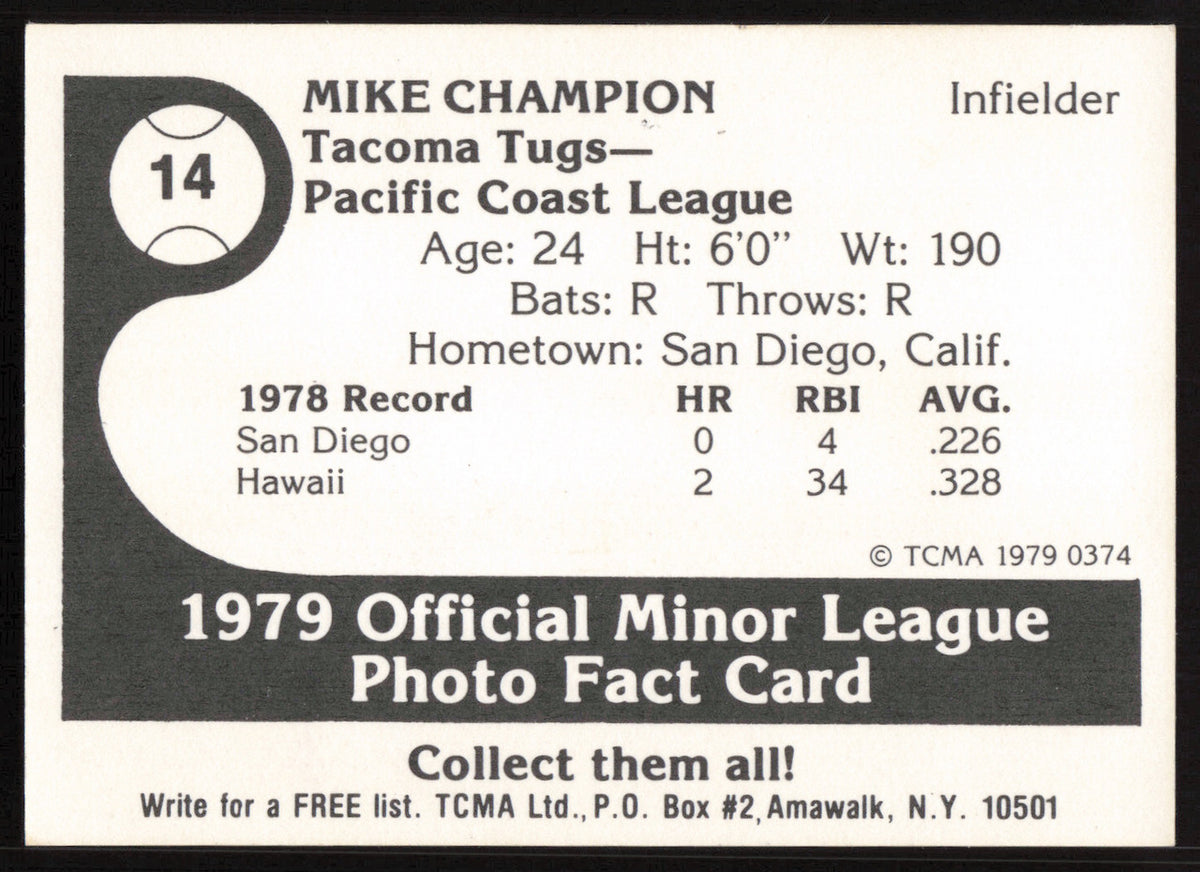 Mike Champion Autographed 1979 TCMA Card #14 Tacoma Tugs SKU #264185