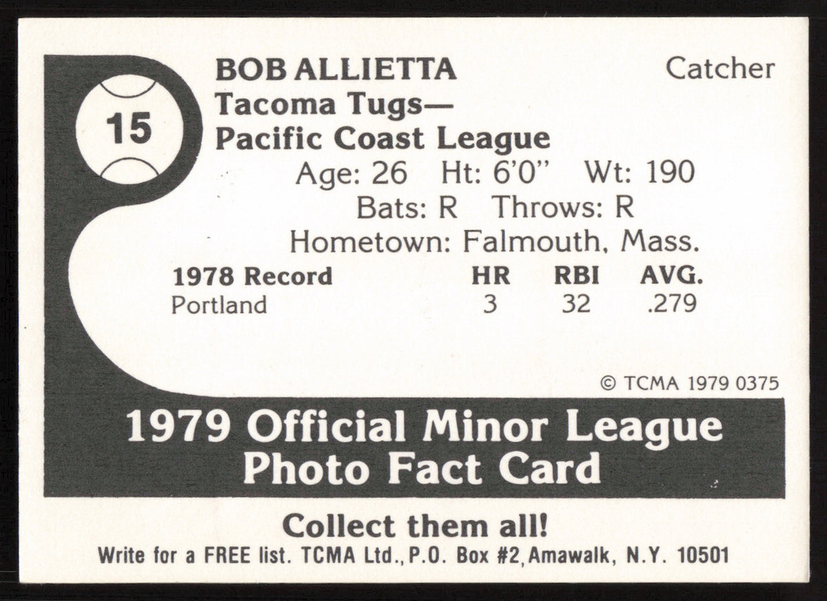 Bob Allietta Autographed 1979 TCMA Rookie Card #25 Tacoma Tugs SKU #264186