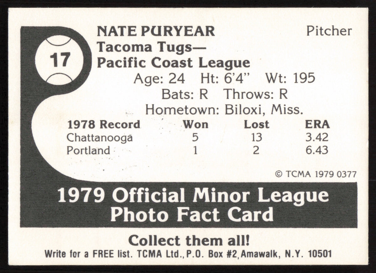 Nate Puryear Autographed 1979 TCMA Rookie Card #17 Tacoma Tugs SKU #264187