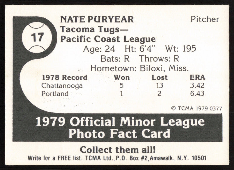 Nate Puryear Autographed 1979 TCMA Rookie Card #17 Tacoma Tugs SKU #264187
