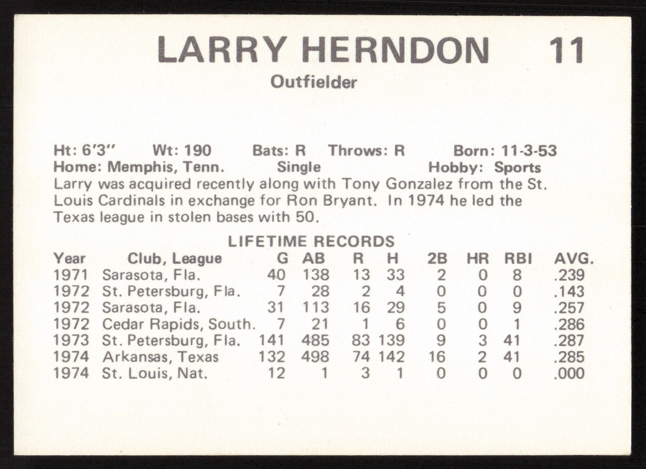 Larry Herndon Autographed 1975 Circle K Rookie Card #11 Phoenix Giants SKU #264194