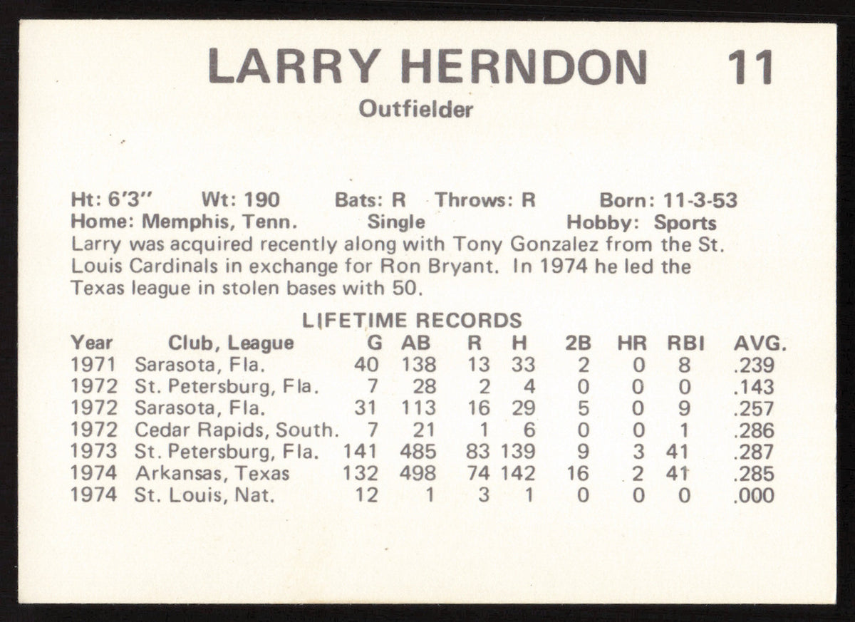 Larry Herndon Autographed 1975 Circle K Rookie Card #11 Phoenix Giants SKU #264195