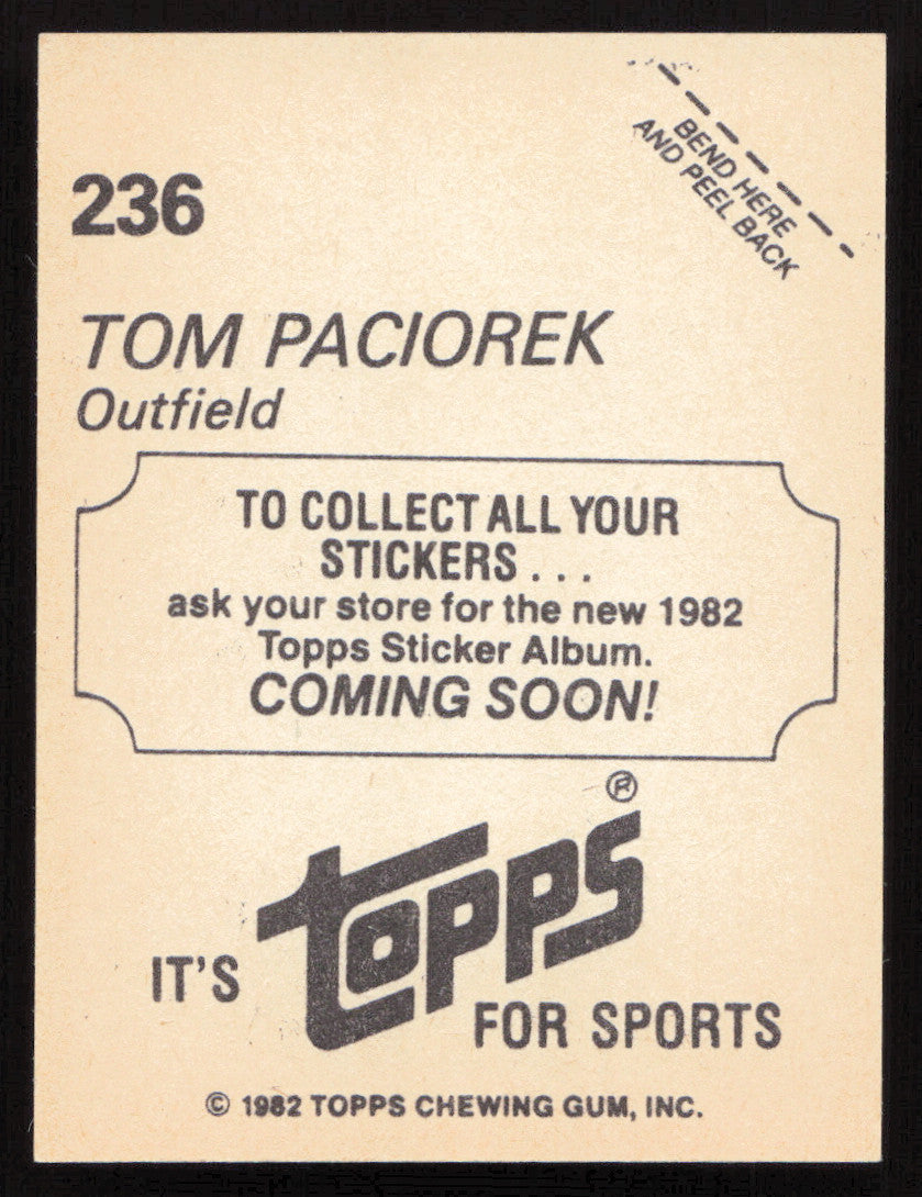 Tom Paciorek Autographed 1982 Topps Stickers Card #236 Seattle Mariners SKU #264208