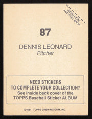 Dennis Leonard Autographed 1981 Topps Stickers Card #87 Kansas City Royals SKU #264229