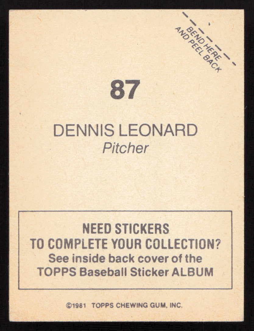Dennis Leonard Autographed 1981 Topps Stickers Card #87 Kansas City Royals SKU #264229