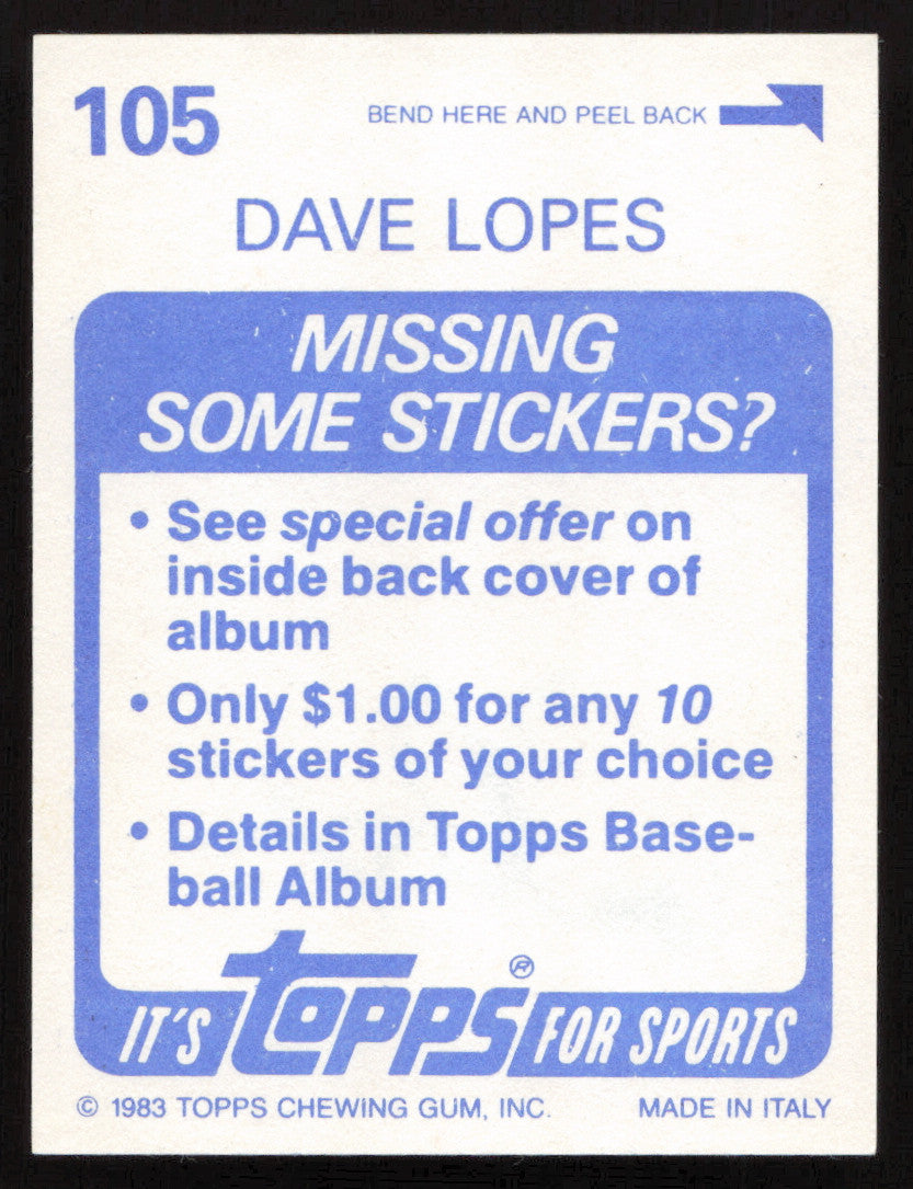 Dave Lopes Autographed 1983 Topps Stickers Card #105 Oakland A's SKU #264233