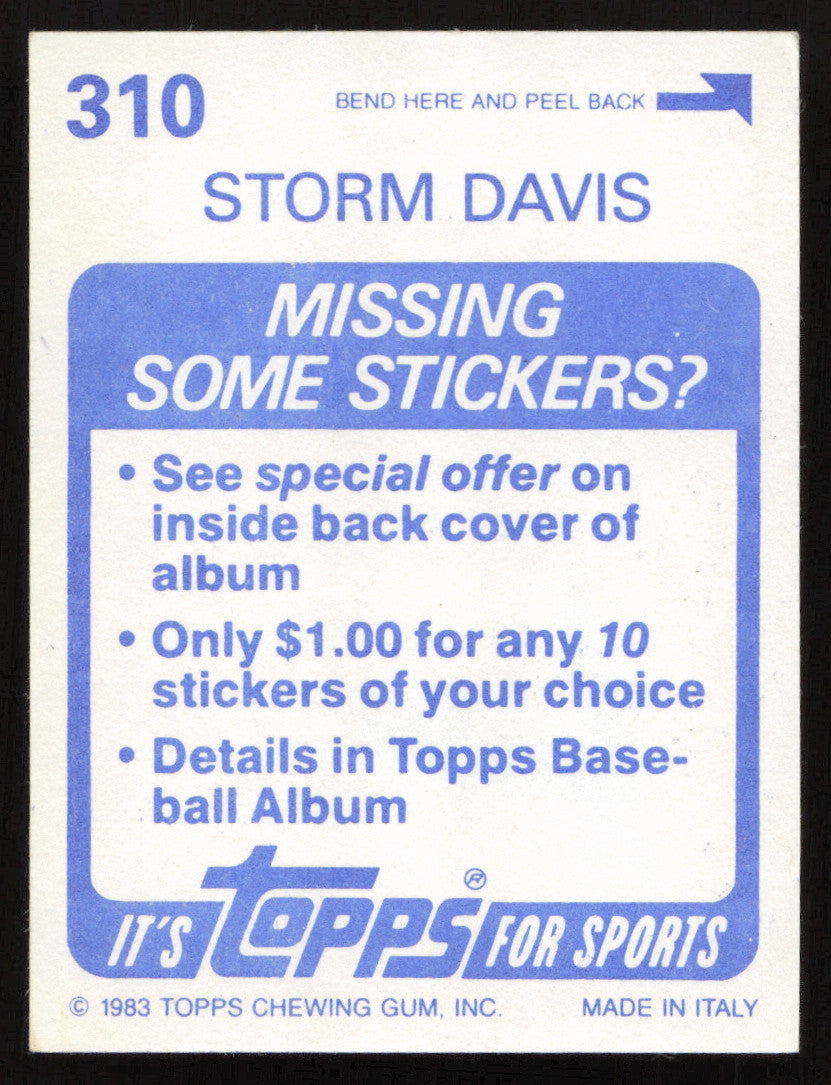 Storm Davis Autographed 1983 Topps Stickers Card #310 Baltimore Orioles SKU #264240