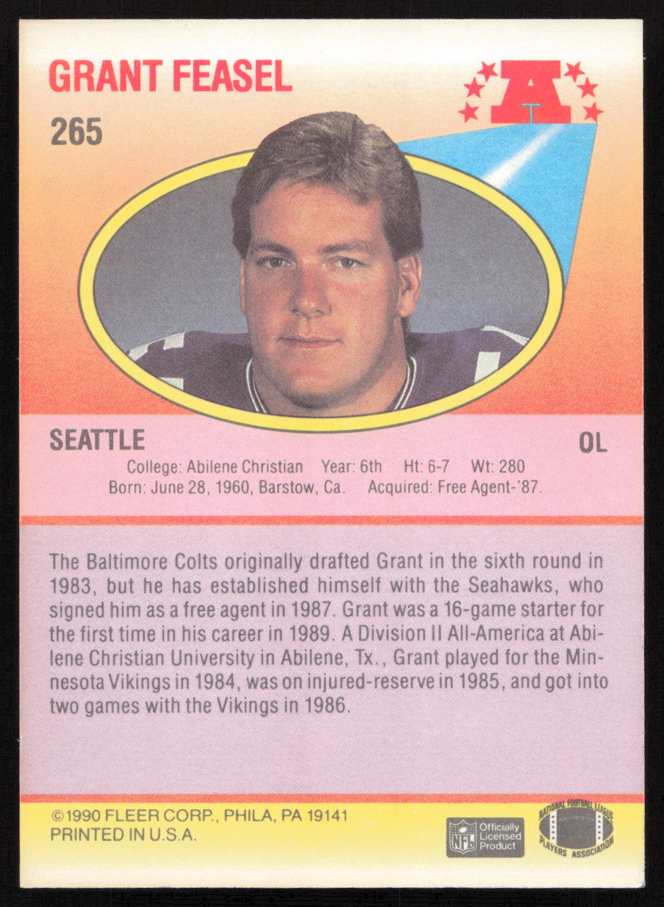 Grant Feasel Autographed 1990 Fleer Rookie Card #265 Seattle Seahawks SKU #264245