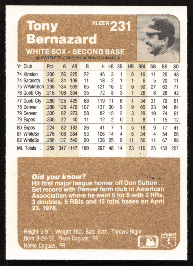 Tony Bernazard Autographed 1983 Fleer Card #231 Chicago White Sox SKU #264261