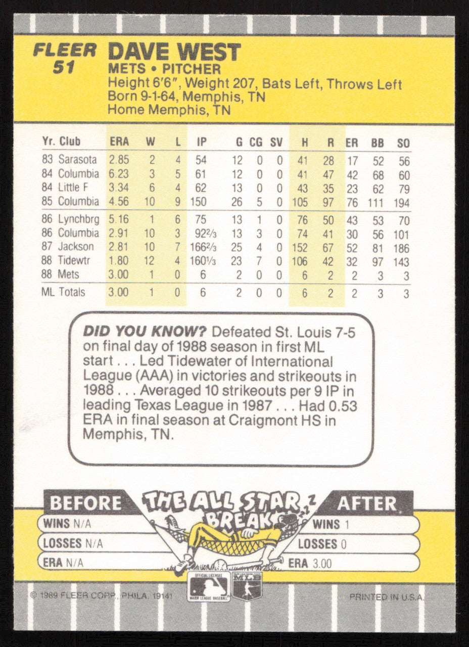 David West Autographed 1989 Fleer Card #51 New York Mets SKU #264270