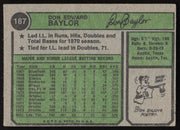 Don Baylor Autographed 1974 Topps Card #187 Baltimore Orioles SKU #264288