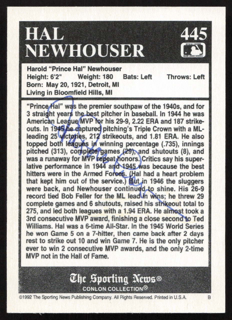 Hal Newhouser Autographed 1992 Sporting News Conlan Card #445 Detroit Tigers (Signed on Back) SKU #264292