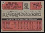 Bob Grich Autographed 1972 Topps Card #338 Baltimore Orioles SKU #264302