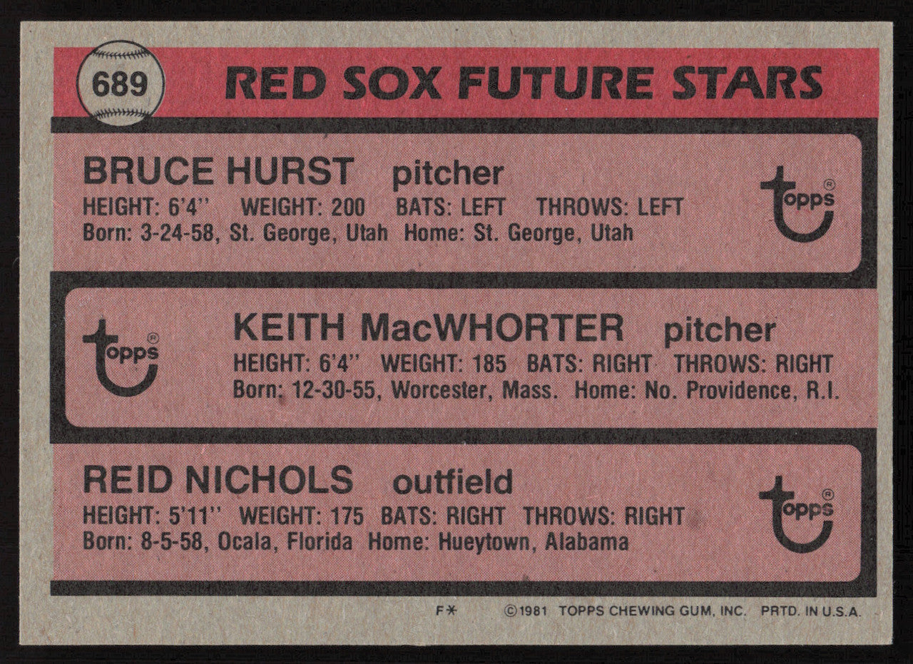 Bruce Hurst Autographed 1981 Topps Rookie Card #689 Boston Red Sox SKU #264383