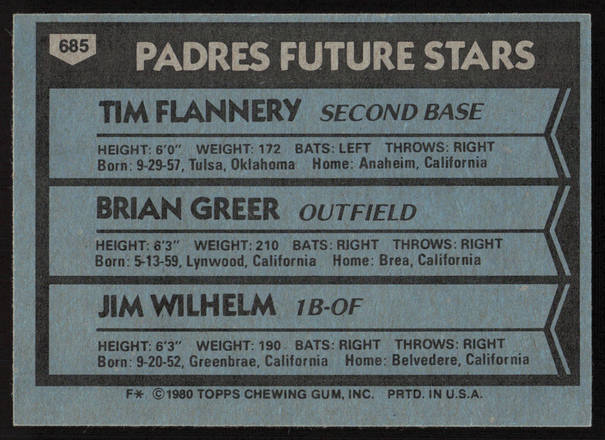 Tim Flannery Autographed 1980 Topps Rookie Card #685 San Diego Padres SKU #264386