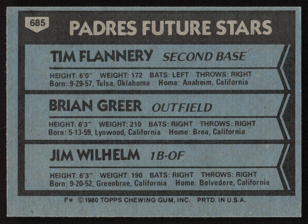 Tim Flannery Autographed 1980 Topps Rookie Card #685 San Diego Padres SKU #264387