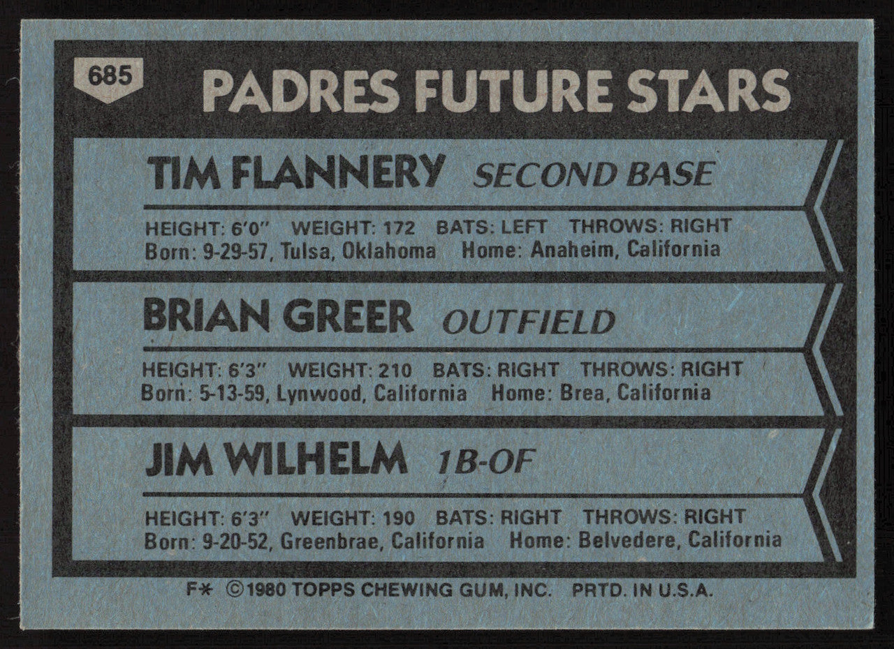 Tim Flannery Autographed 1980 Topps Rookie Card #685 San Diego Padres SKU #264388