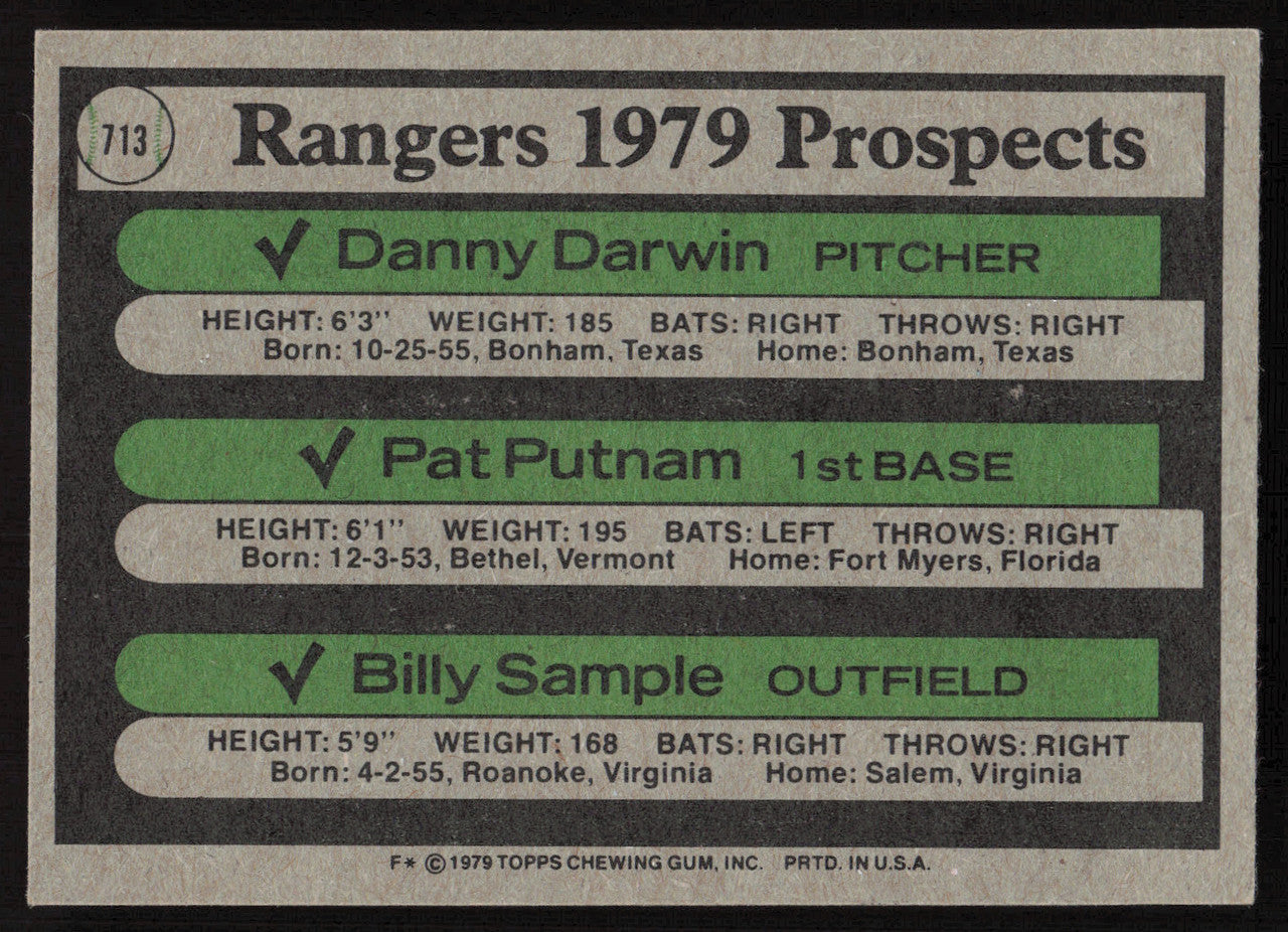 Danny Darwin & Pat Putnam Autographed 1979 Topps Rookie Card #713 Texas Rangers SKU #264393