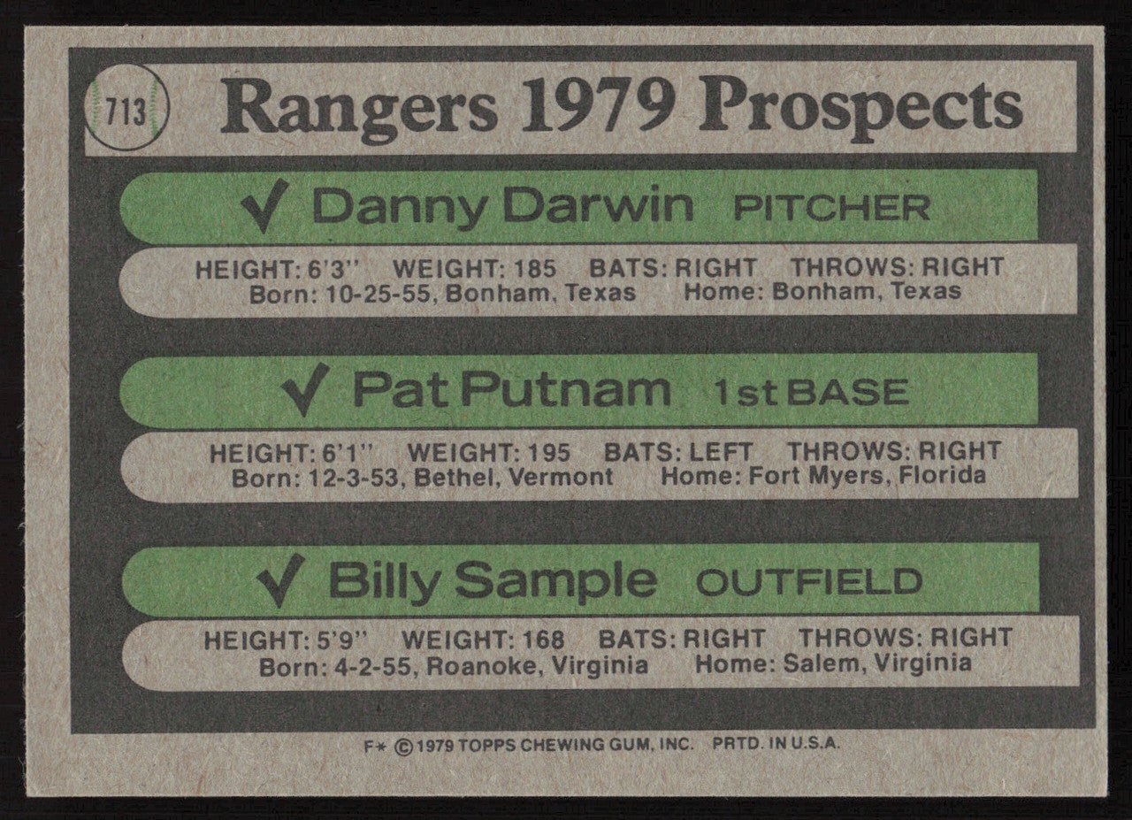 Danny Darwin & Pat Putnam Autographed 1979 Topps Rookie Card #713 Texas Rangers SKU #264394