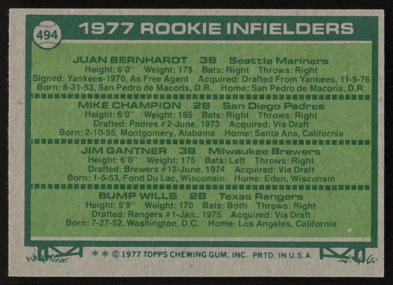 Bump Wills Autographed 1977 Topps Rookie Card #494 Texas Rangers SKU #264401