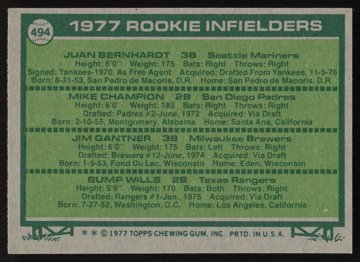 Bump Wills Autographed 1977 Topps Rookie Card #494 Texas Rangers SKU #264402