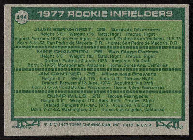 Bump Wills Autographed 1977 Topps Rookie Card #494 Texas Rangers SKU #264402