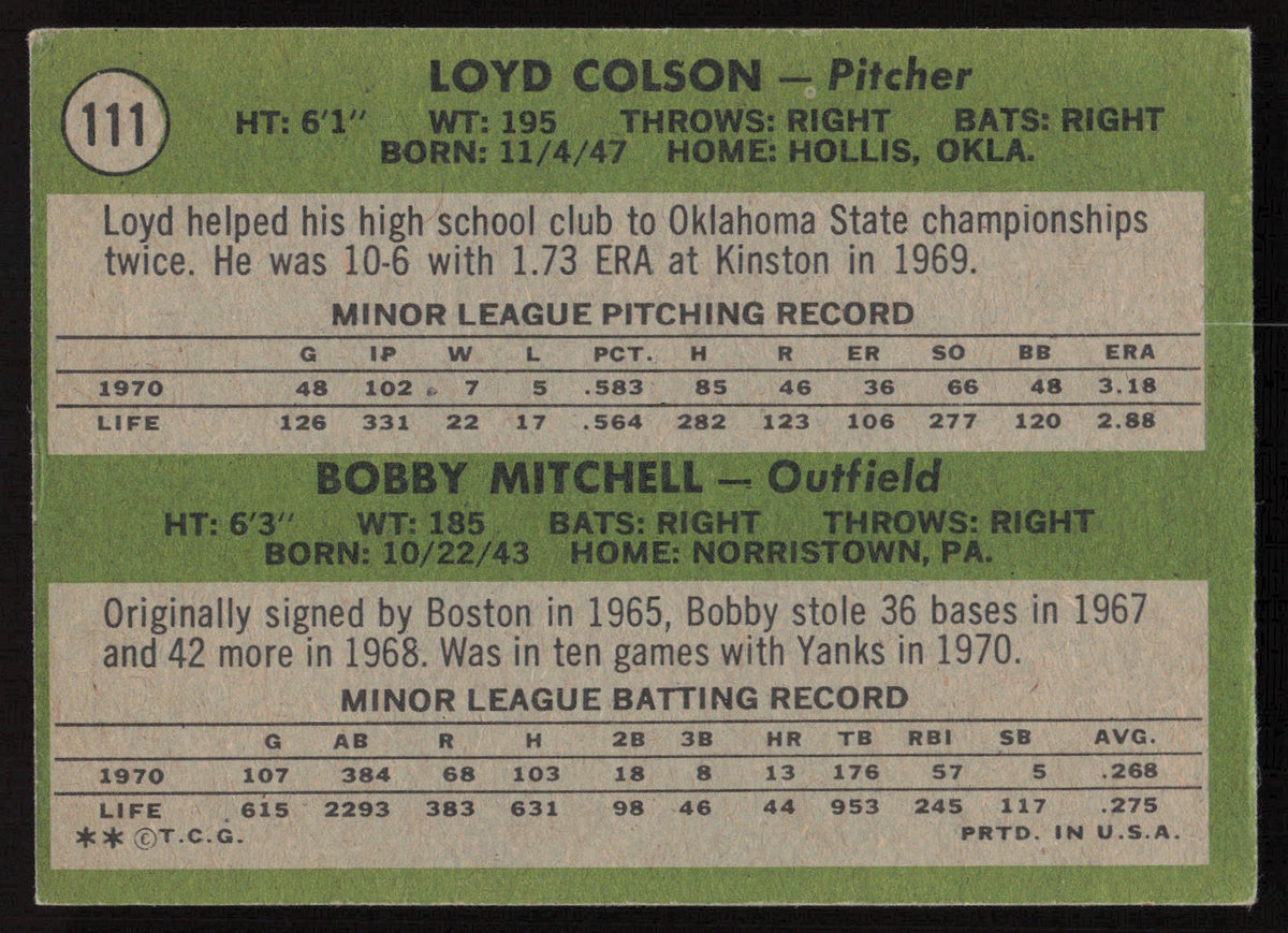 Loyd Colson Autographed 1971 Topps Rookie Card #111 New York Yankees SKU #264412