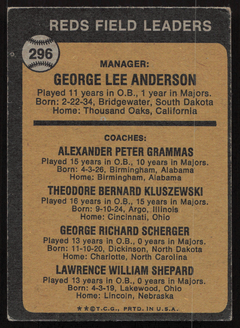 Alex Grammas Autographed 1973 Topps Card #296 Cincinnati Reds SKU #264439