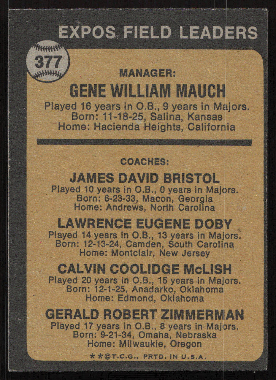 Cal McLish Autographed 1973 Topps Card #377 Montreal Expos SKU #264440