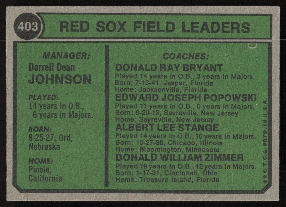 Darrell Johnson Autographed 1974 Topps Card #403 Boston Red Sox SKU #264443