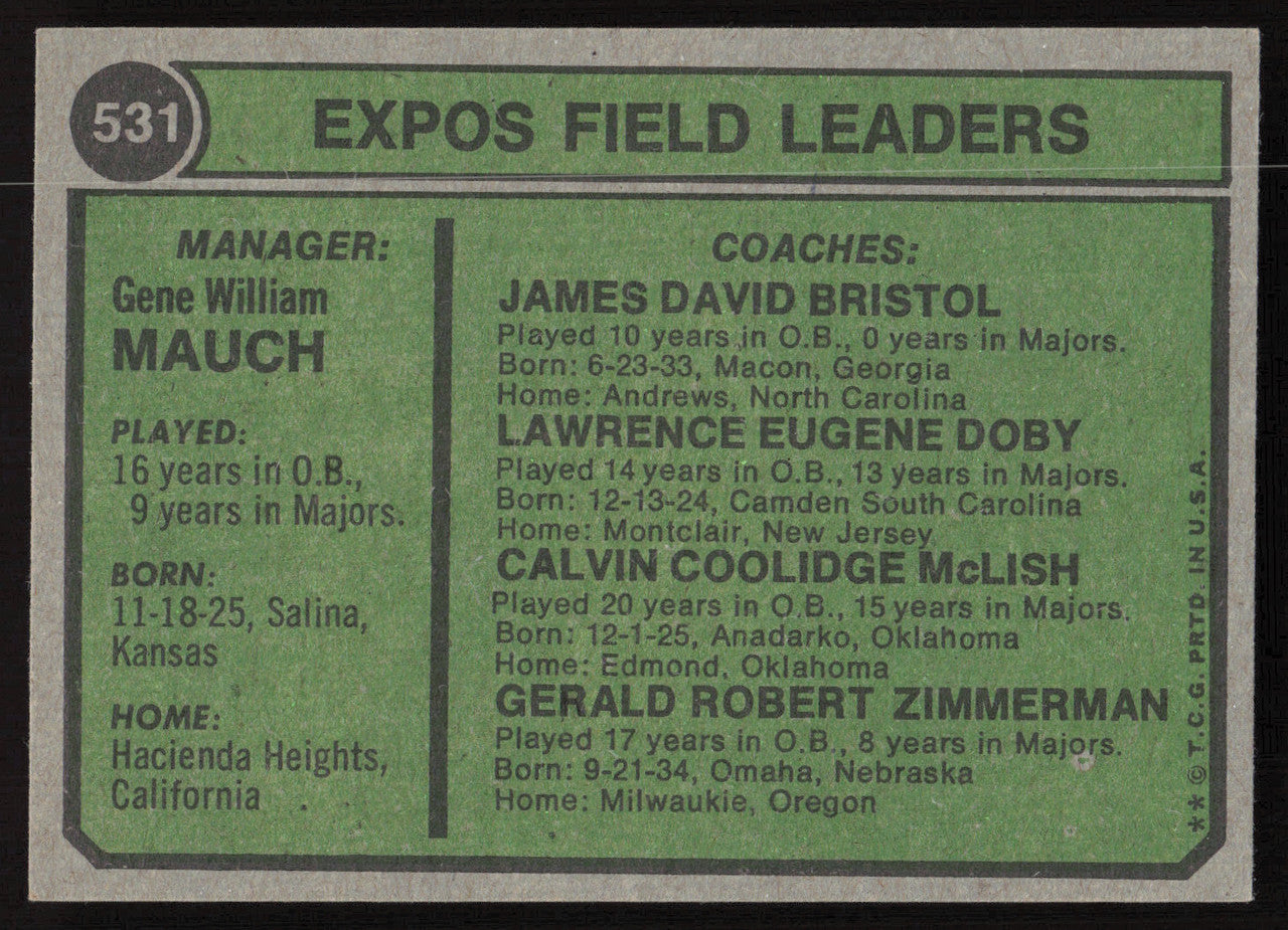 Cal McLish Autographed 1974 Topps Card #531 Montreal Expos SKU #264444