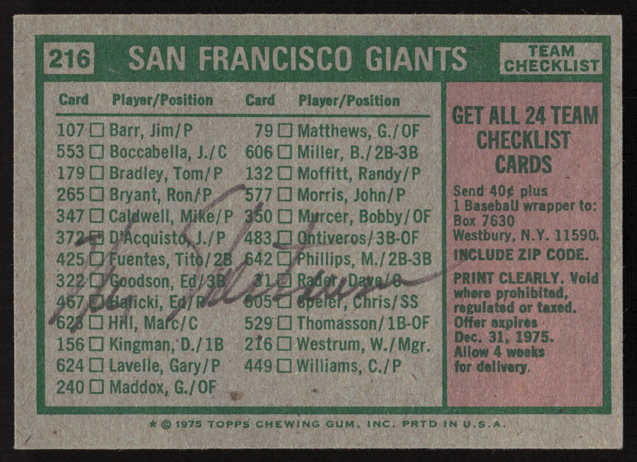 Wes Westrum Autographed 1975 Topps Card #216 San Francisco Giants (Signed on Back) SKU #264447