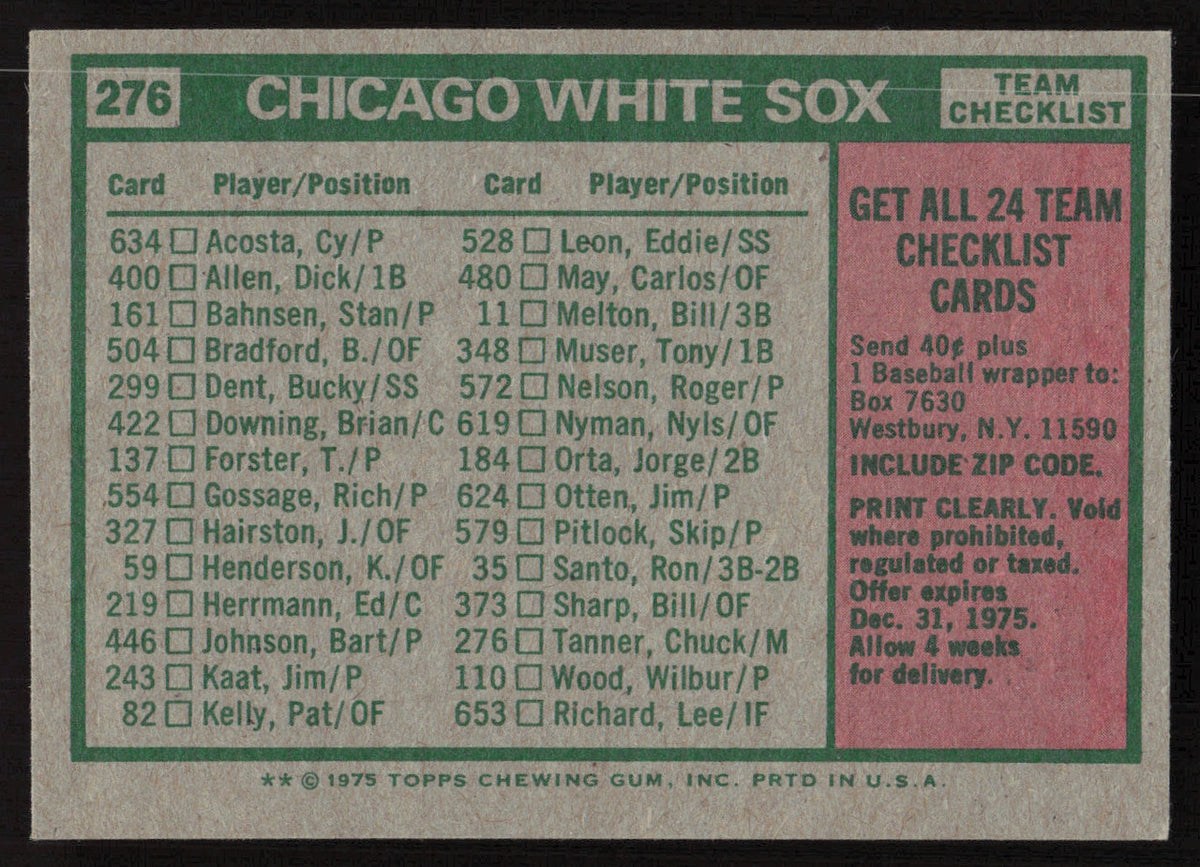 Chuck Tanner Autographed 1975 Topps Mini Card #276 Chicago White Sox SKU #264448
