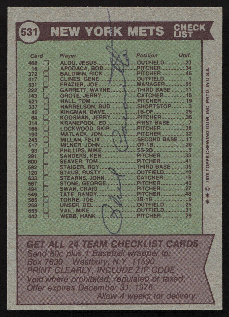 Phil Cavarretta Autographed 1976 Topps Card #531 New York Mets (Signed on Back) SKU #264454