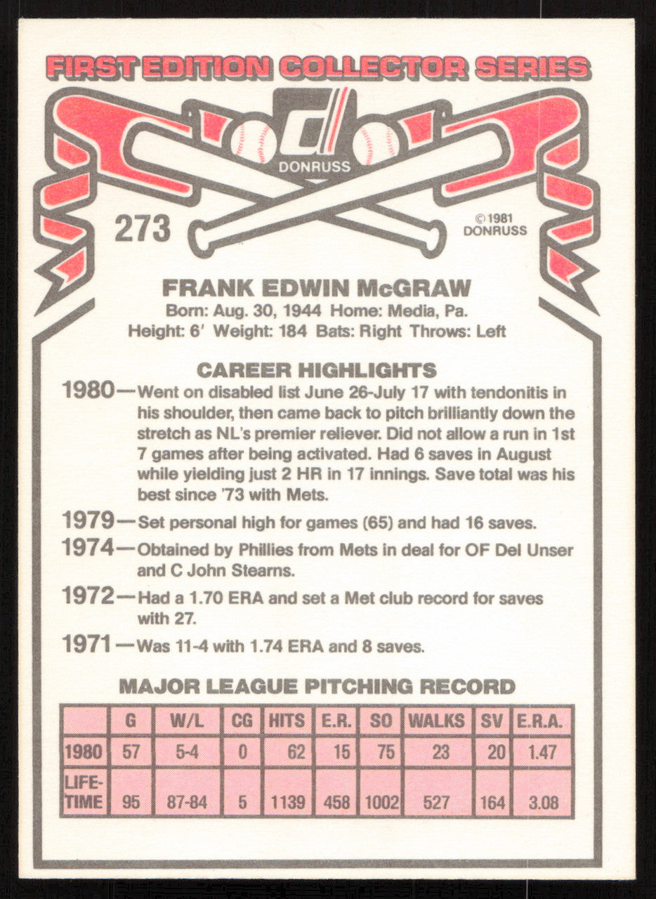 Tug McGraw Autographed 1981 Donruss Card #273 Philadelphia Phillies SKU #264485