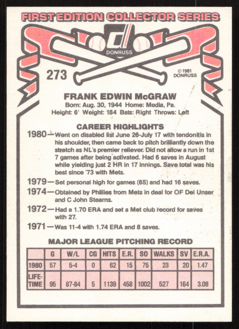 Tug McGraw Autographed 1981 Donruss Card #273 Philadelphia Phillies SKU #264486
