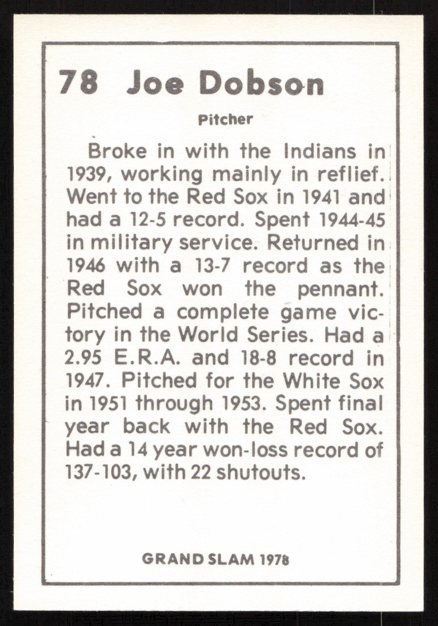 Joe Dobson Autographed 1978 Grand Slam Card #78 Boston Red Sox SKU #264495