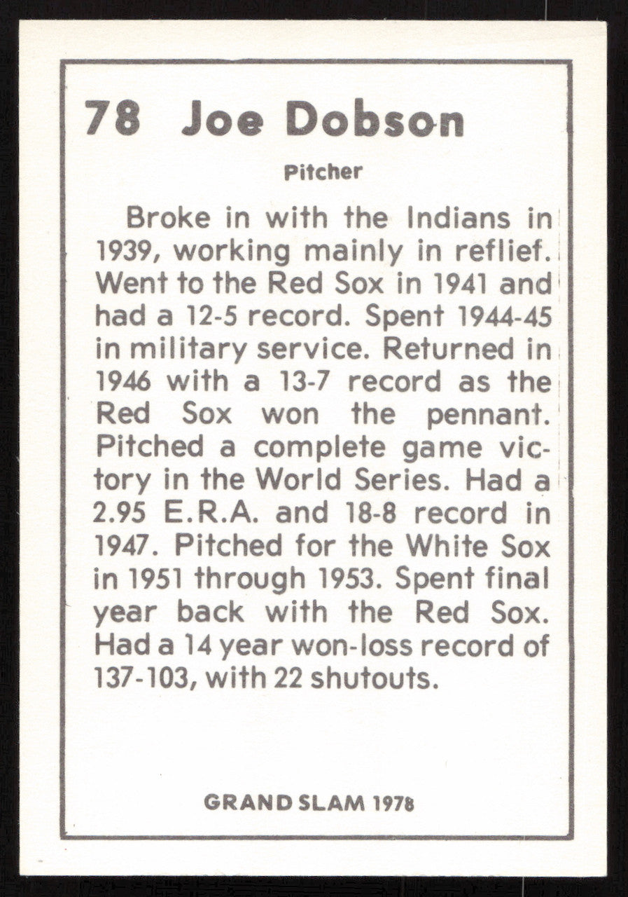 Joe Dobson Autographed 1978 Grand Slam Card #78 Boston Red Sox SKU #264496