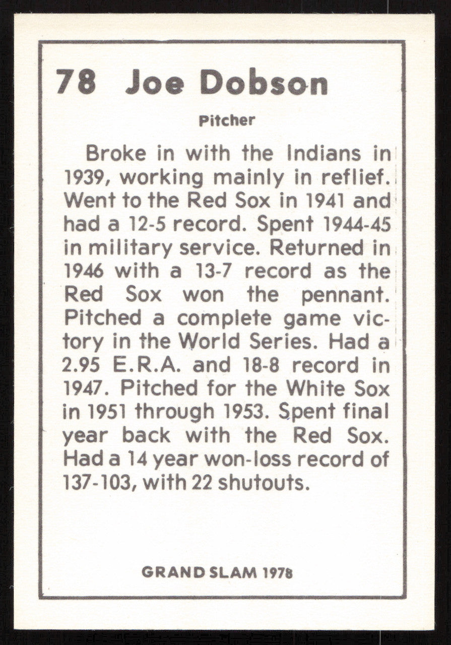 Joe Dobson Autographed 1978 Grand Slam Card #78 Boston Red Sox SKU #264497